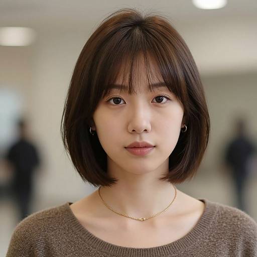 Photograph of an East Asian woman with short, brown hair, wearing a brown sweater and gold necklace, in a blurred indoor setting.