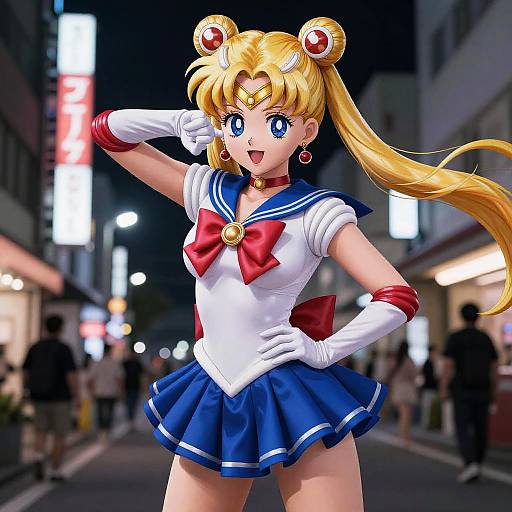 Digital anime-style artwork of Sailor Moon in a blue sailor uniform, red bow, white gloves, and blonde twin buns, standing confidently on a neon