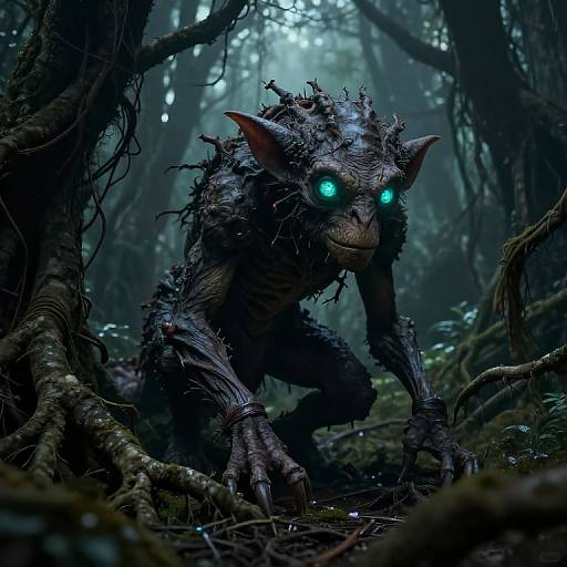 Digital art: Dark, eerie forest creature with glowing blue eyes, textured, twisted, bark-like skin, and large, pointed ears, crouching