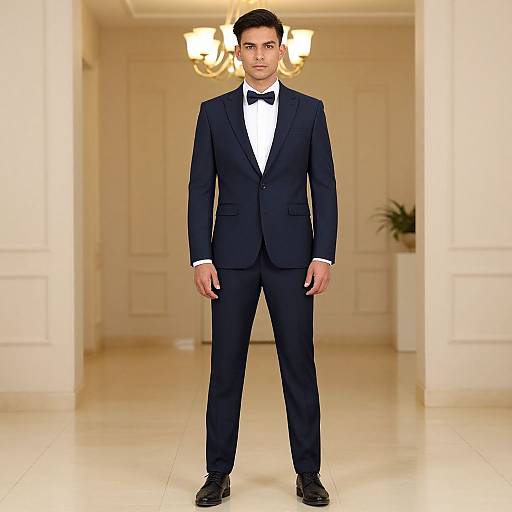 Photograph of a handsome young man with short black hair, standing in an elegant, well-lit hallway wearing a black tuxedo, white shirt