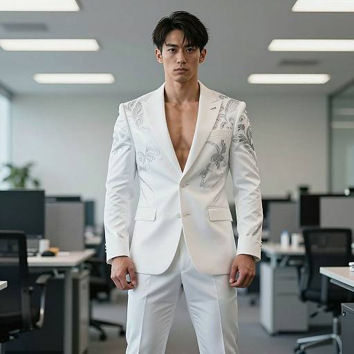 Photograph of a handsome Asian man with dark hair, in a white, open-button suit with silver embroidery, standing confidently in a modern, brightly-l