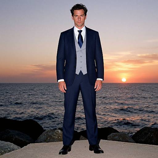 Photograph of a handsome man in a black suit, white shirt, and gray vest standing on a rocky pier at sunset. Ocean and orange sky in