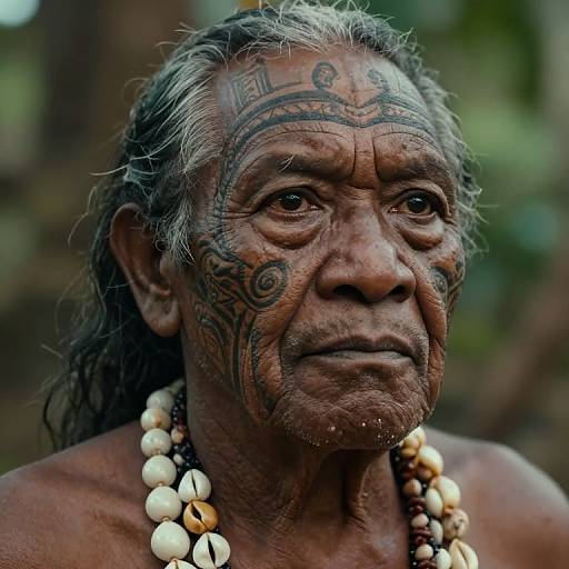 Photograph of an elderly, weathered Indigenous man with intricate facial tattoos, grey hair, and a beaded necklace, set against a blurred forest background