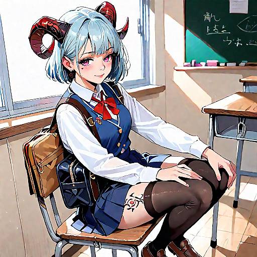 Blushing Horned Schoolgirl Sitting in Classroom