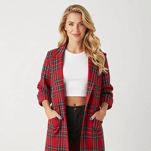 Blonde Woman in Red Plaid Overcoat
