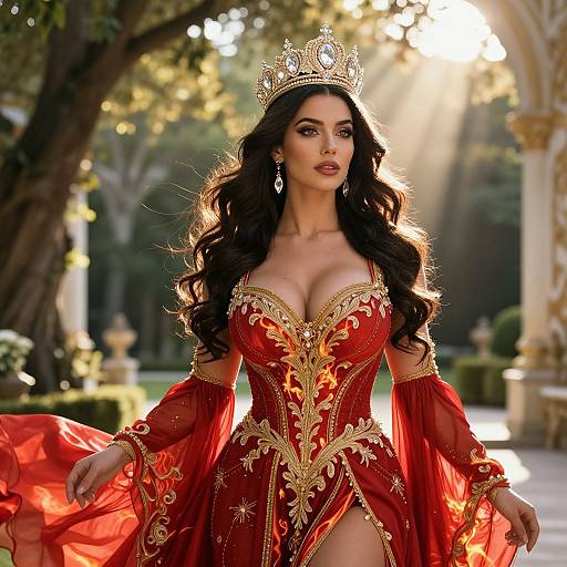 Photorealistic image of a beautiful woman with long black hair, wearing a gold tiara, red and gold ornate corset gown, and long