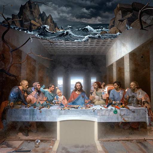 Surreal Last Supper with Stormy Sea and Rocky Mountains