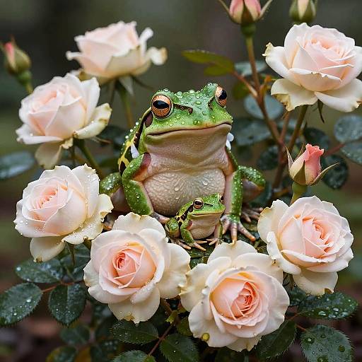 Delicate Roses with Tiny Green Frog