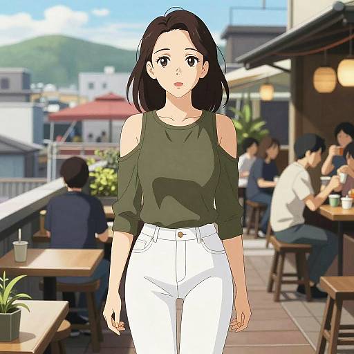 Anime Woman in Olive Green Top on Rooftop Dining