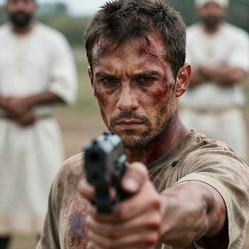 Intense Portrait of a Bloodied Gunman
