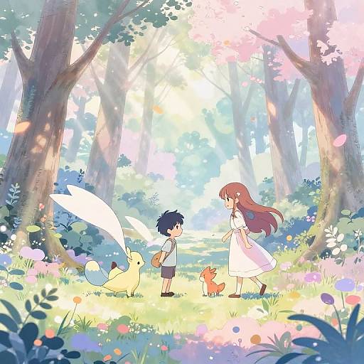 Anime-style digital illustration of a girl with long brown hair in a white dress, a boy with black hair in a white shirt and black shorts, and