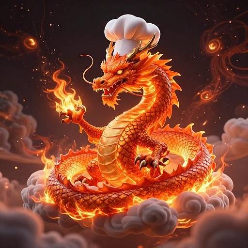 Digital artwork of a fiery, orange-red dragon with a chef's hat, coiled on a cloud, surrounded by flames and swirling smoke.
