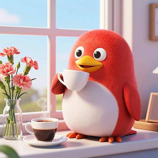 CGI image of a cute, chubby, red and white cartoon penguin with large eyes, sipping tea from a white cup on a sunlit