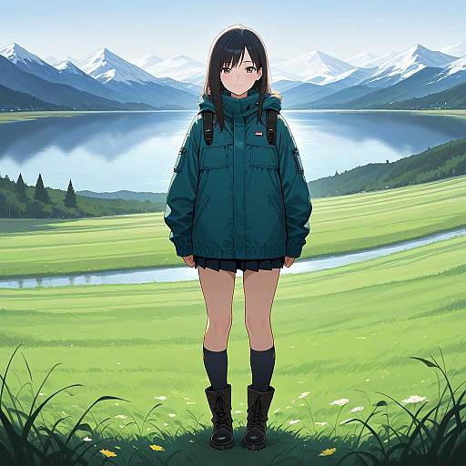Girl in Jacket by Mountain Lake