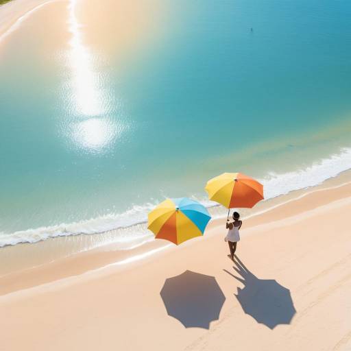 Woman with umbrellas on sunlit beach
