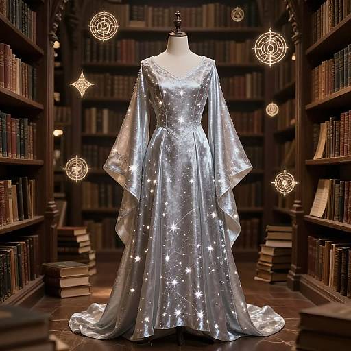 Photograph of a silver, star-embellished gown with wide sleeves displayed on a mannequin in a dimly lit library.