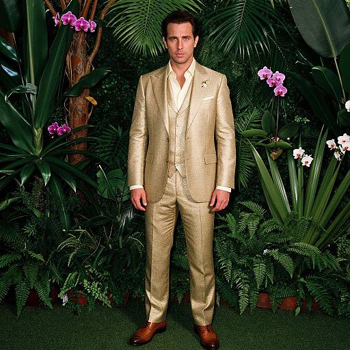 Photograph of a handsome man in a shiny gold suit, white shirt, and brown shoes, standing against a lush tropical plant backdrop with pink and white