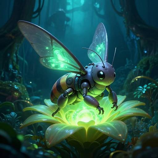 Digital art of a glowing, robotic bee with neon green wings and lights, perched on a bright, bioluminescent flower in a mystical,