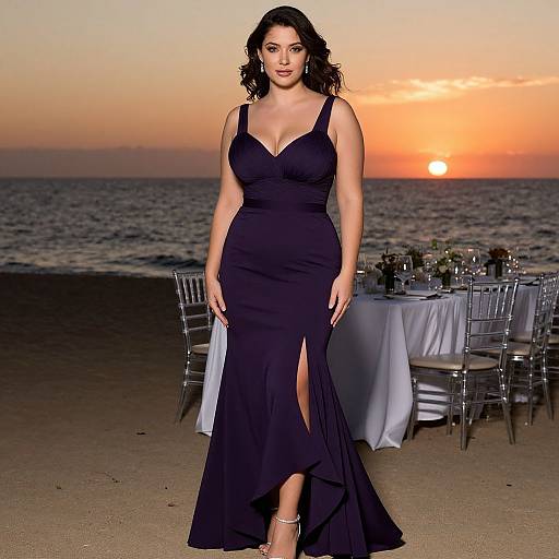 Photograph of a curvy woman with wavy black hair in a black, V-neck, thigh-slit dress, standing on a beach at sunset