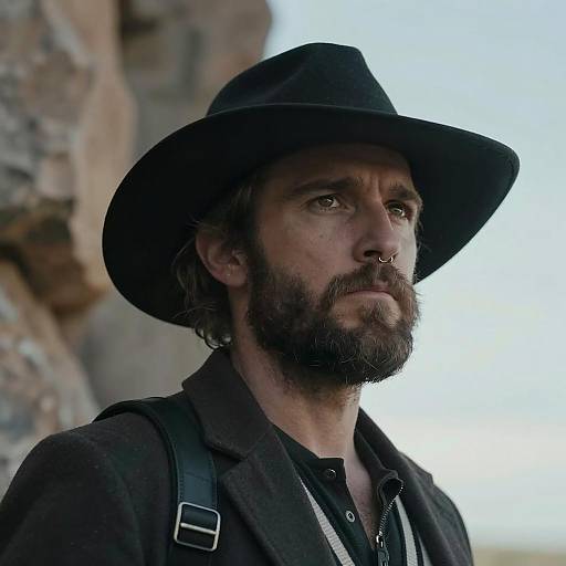 Rugged Man in Black Wide-Brimmed Hat