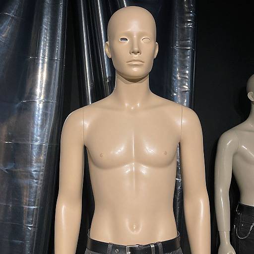 Photograph of a bald, beige, glossy male mannequin torso with small, flat chest, standing against black plastic backdrop. Another mannequin
