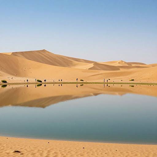 Photograph of a serene desert landscape with golden sand dunes, a calm reflective water surface, and a clear blue sky.
