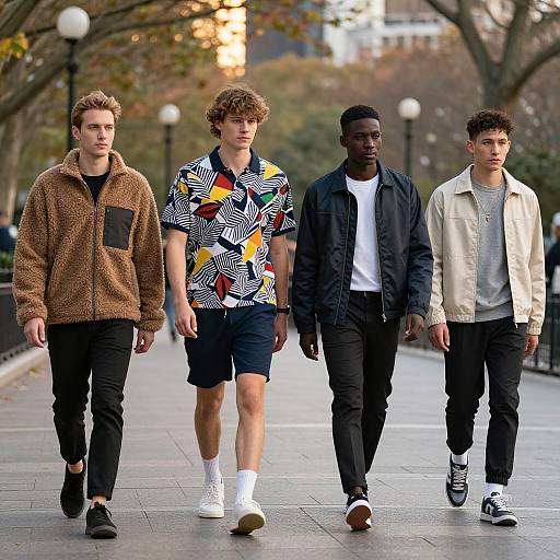 Photograph of four young men walking on a park path at sunset; diverse styles, colorful patterns, casual wear, urban setting.