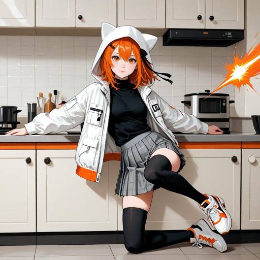 Vibrant Girl Kicking in Kitchen Scene