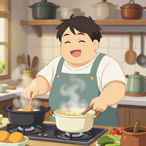 Anime-style drawing of a chubby, happy boy with black hair cooking in a bright kitchen, stirring a pot on a stove.