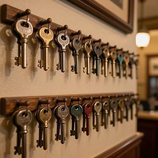 Photograph of a wooden key rack with multiple antique keys of varying colors and shapes, mounted on a beige wall. Warm light in background.