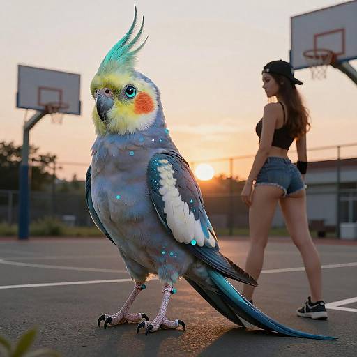 Anthropomorphic Cockatiel on Basketball Court