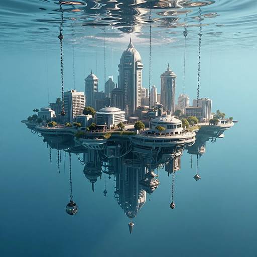 Digital art of a floating cityscape with skyscrapers, yachts, and palm trees, reflected in calm blue water, with suspended buoys