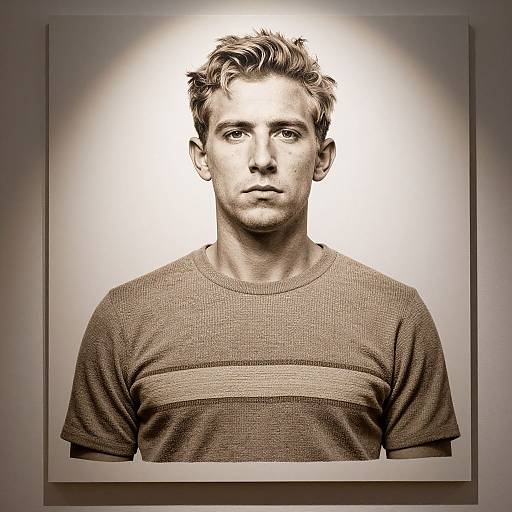 Black-and-white digital portrait of a serious young man with tousled hair, wearing a striped knit shirt, centered against a gradient background.