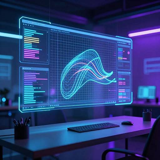 Neon-lit, holographic digital waveform display above a modern desk, illuminated by blue and purple lights in a futuristic workspace.
