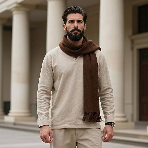 Photograph of a bearded man with dark hair, wearing a beige long-sleeve shirt, brown scarf, and beige pants, standing in front