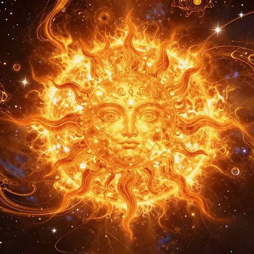 Photograph of a vibrant, swirling solar flare with bright orange and yellow flames against a dark, star-studded space background.