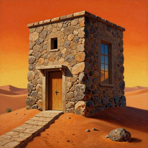 Photorealistic CGI of a small stone cottage with wooden door and window, set in a vivid orange desert landscape with dunes and rocks.