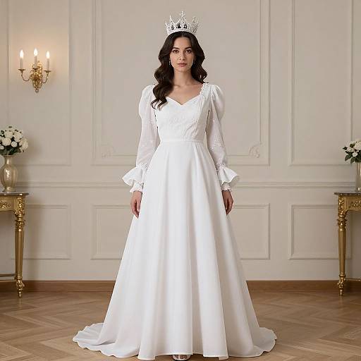 Photograph of a brunette woman with long, wavy hair wearing a white, long-sleeved wedding gown and a silver crown, standing in an