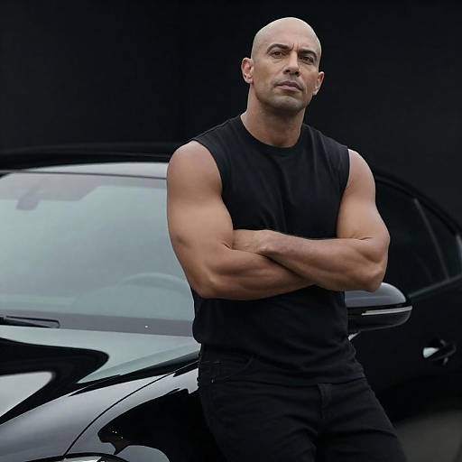 Confident Bald Man with Black Car