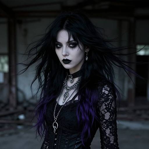 Gothic woman with pale skin, black lace dress, long dark hair, heavy black makeup, and gothic jewelry in a dimly lit,