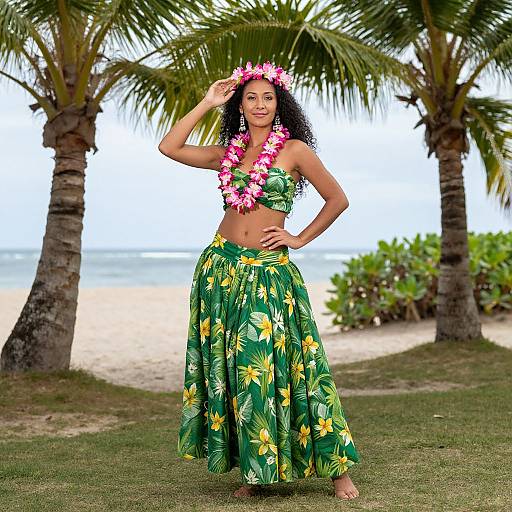 Photograph of a smiling woman with dark curly hair, wearing a pink flower lei, green floral halter top, and matching skirt, standing on a