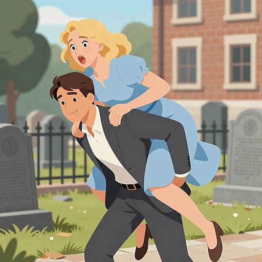 Man Giving Woman a Piggyback Ride in Cemetery