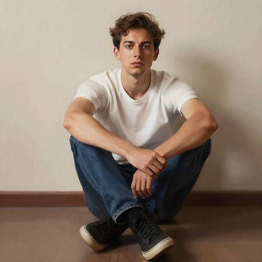Photograph of a young man with curly brown hair, wearing a white t-shirt, blue jeans, and black sneakers, sitting on a wooden floor against