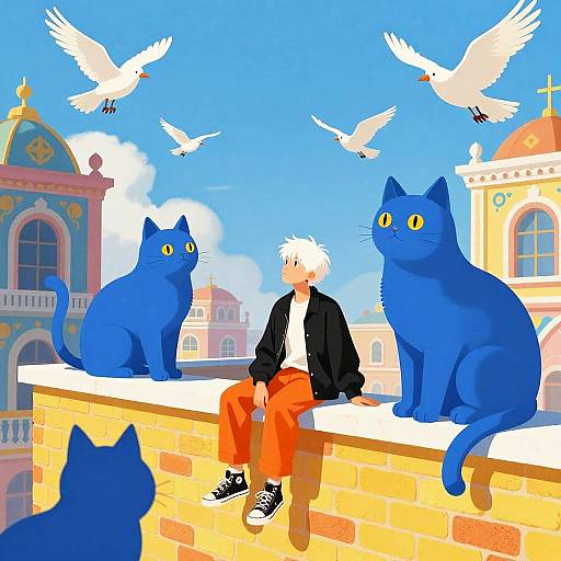 Whimsical Rooftop with Blue Cats