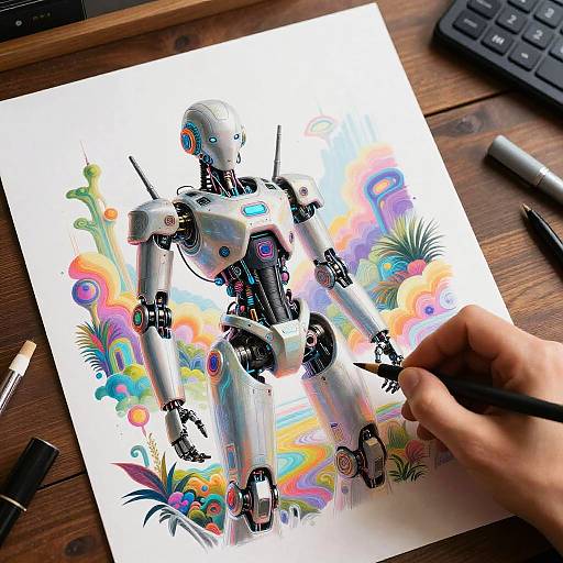 Futuristic Robot Artist in Cyberpunk Studio