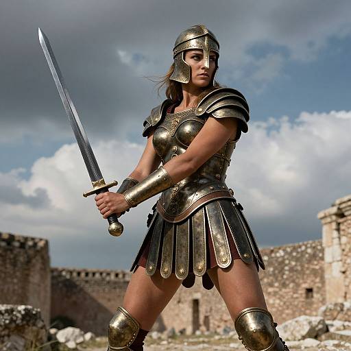 Ancient Roman Woman Warrior in Bronze Armor