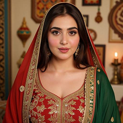 Photograph of a young South Asian woman with long dark hair, wearing a red and green embroidered traditional dress, gold earrings, and a red veil,