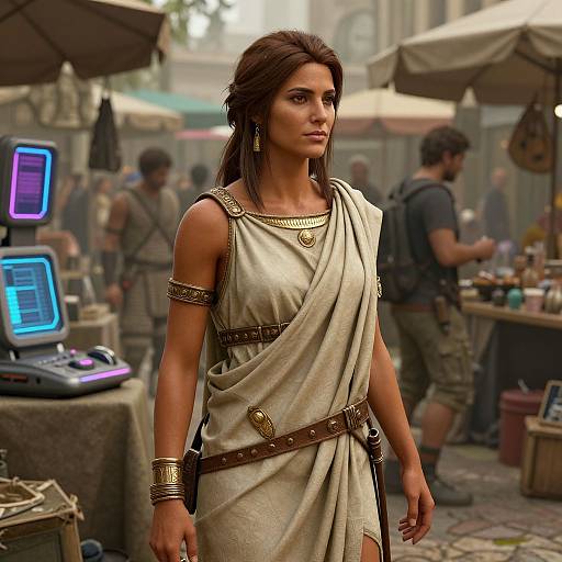 Digital artwork of a brown-haired woman in a beige Roman-style dress, adorned with gold bracelets and armlet, standing in a busy outdoor market with futuristic