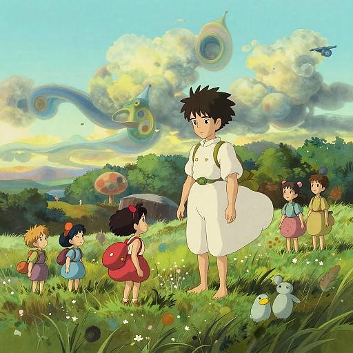 Digital anime-style illustration of five children in a vibrant, magical meadow with swirling clouds, a blue bird, and a white bunny. Center child wears