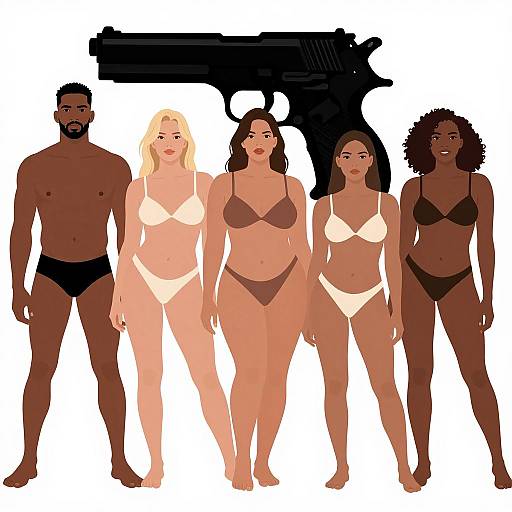 Diverse Nude Figures with Abstract Art Overlay